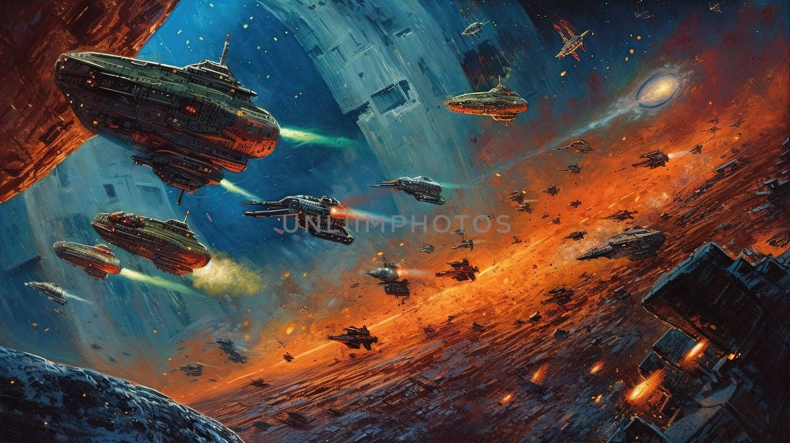Space ships battle over alien planet in 80s books style. Retro science fiction illustration. Generated AI. by SwillKch
