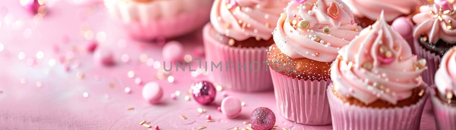 Pink background with elegant glittering cupcakes, copy space. Women's Day. Its a girl backdrop with empty space. Baby shower or birthday invitation, party. Baby girl birth announcement. Generative AI