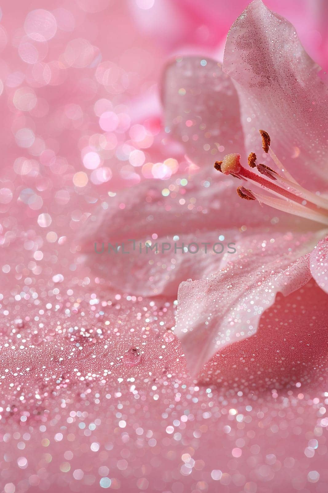 Pink vertical background with glittering flower, copy space. Women's Day. It's a girl backdrop with empty space. Baby shower or birthday invitation, party. Baby girl birth announcement. Generative AI