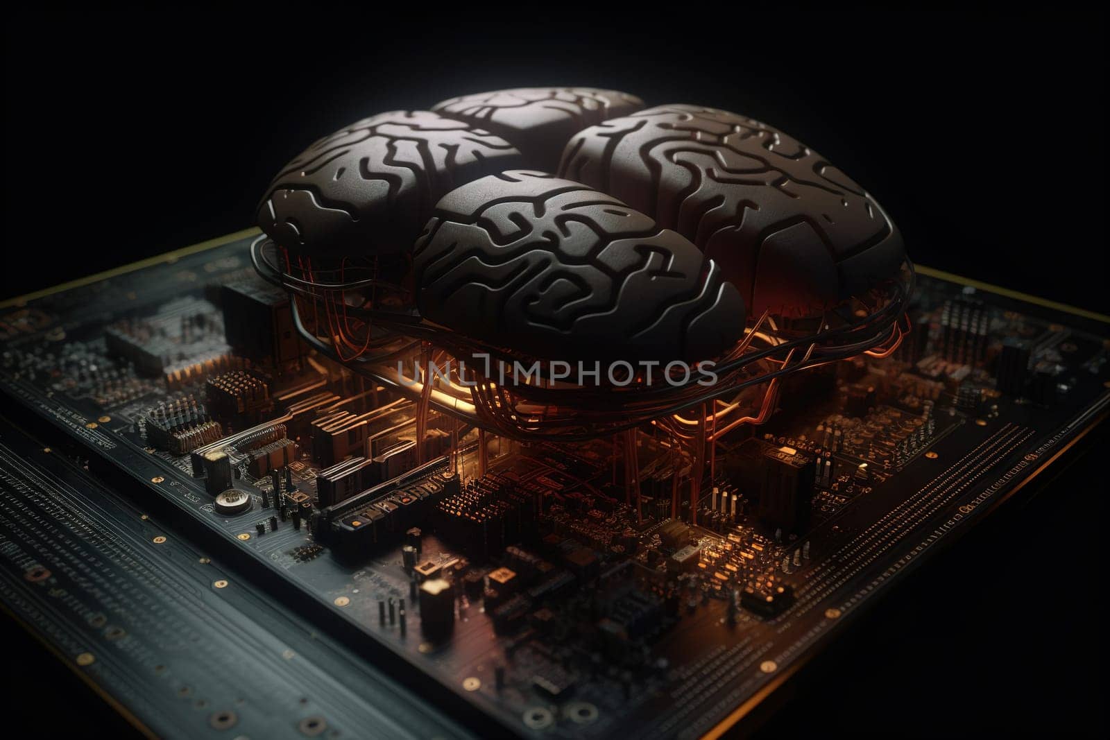 Artificial intelligence science concept with technological AI brain on the circuit board. Generated AI. by SwillKch