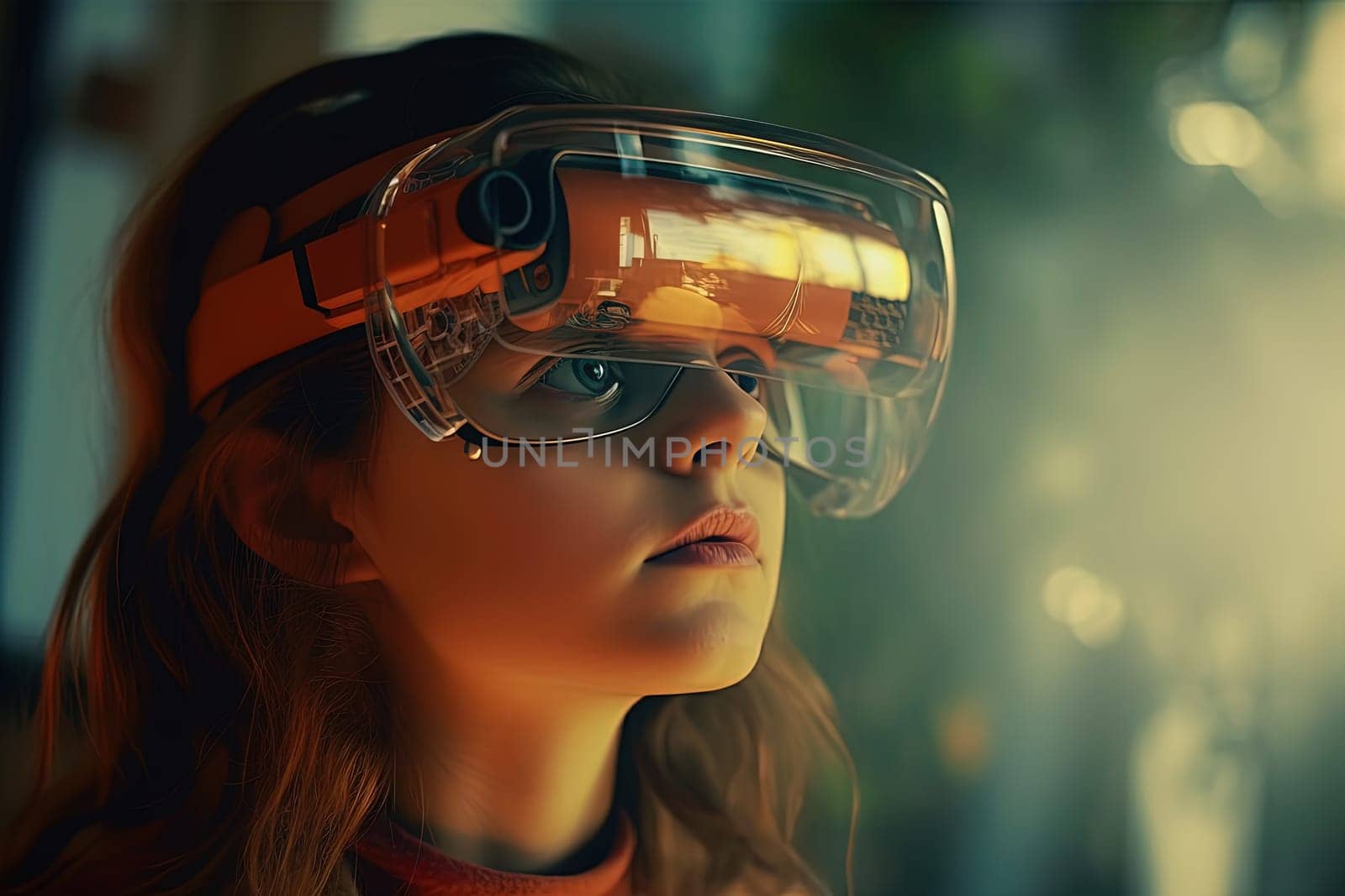 AR glasses technology concept with transparent goggles. Augmented reality futuristic immersive experience. Generated AI