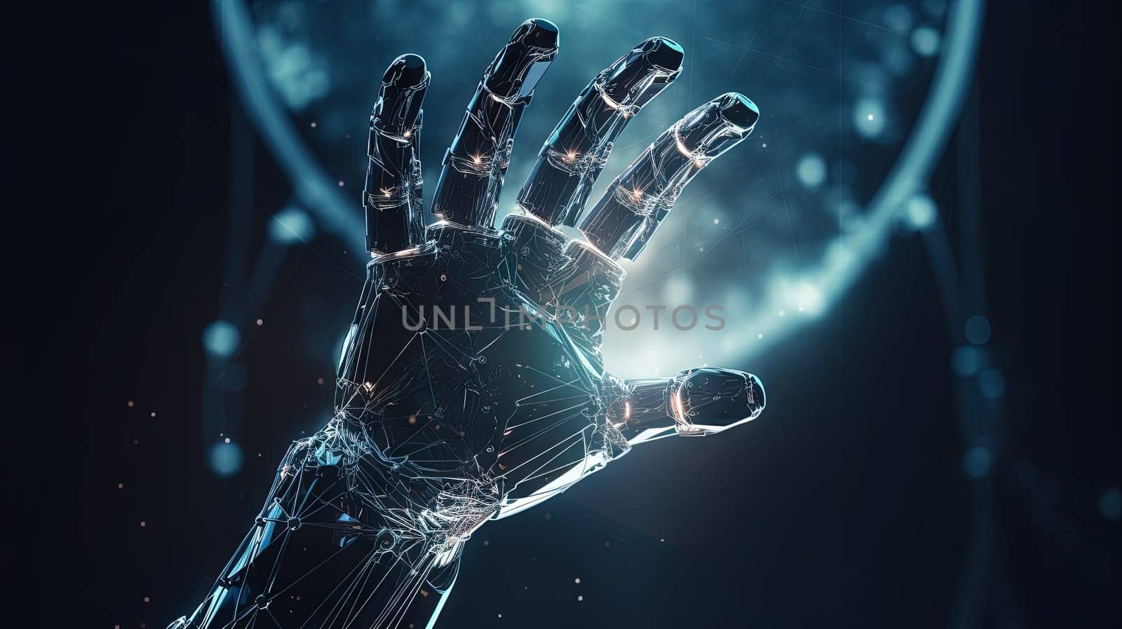 Robot hand technology concept with shiny electronic connections. Generated AI. by SwillKch