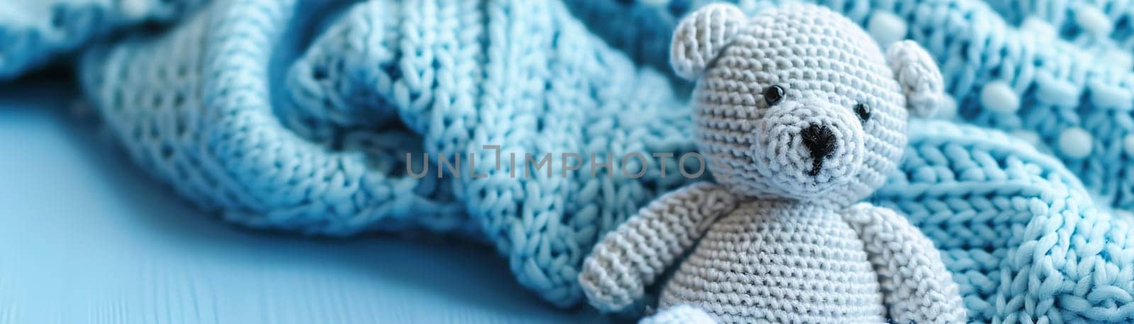 Blue background with plush toy and copy space. It's a boy backdrop with empty space for text. Baby shower or birthday invitation, party. Baby boy birth announcement. Panoramic banner. Generative AI. by creativebird