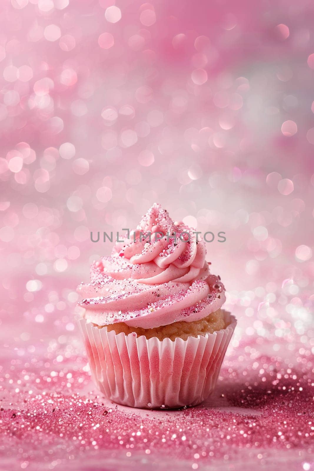 Elegant pink cupcake with glitter detail on a bokeh background, ideal for baby girl announcements, Mother's Day cards, or gentle feminine designs. Generative AI