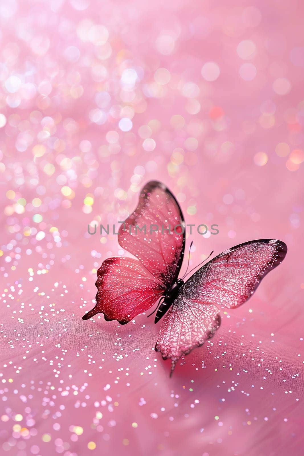 A delicate pink butterfly with sparkling glitter on a dreamy bokeh background, perfect for baby announcements, spring themes, or enchanting design elements. Copy space for text. Generative AI