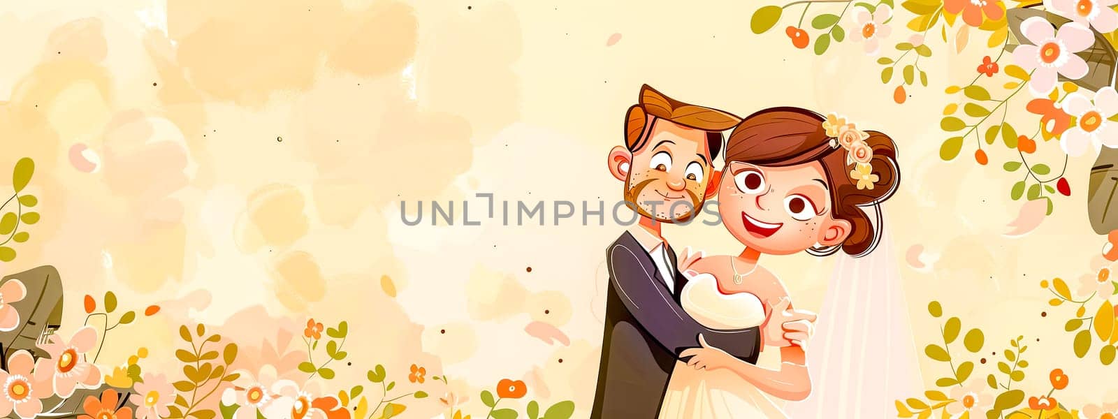 Joyful Cartoon Wedding Couple with Floral Background by Edophoto