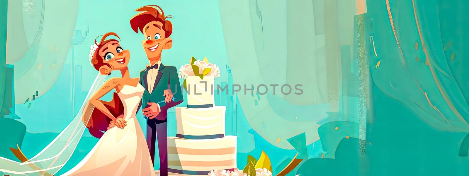 Delighted Cartoon Bride and Groom with Wedding Cake by Edophoto