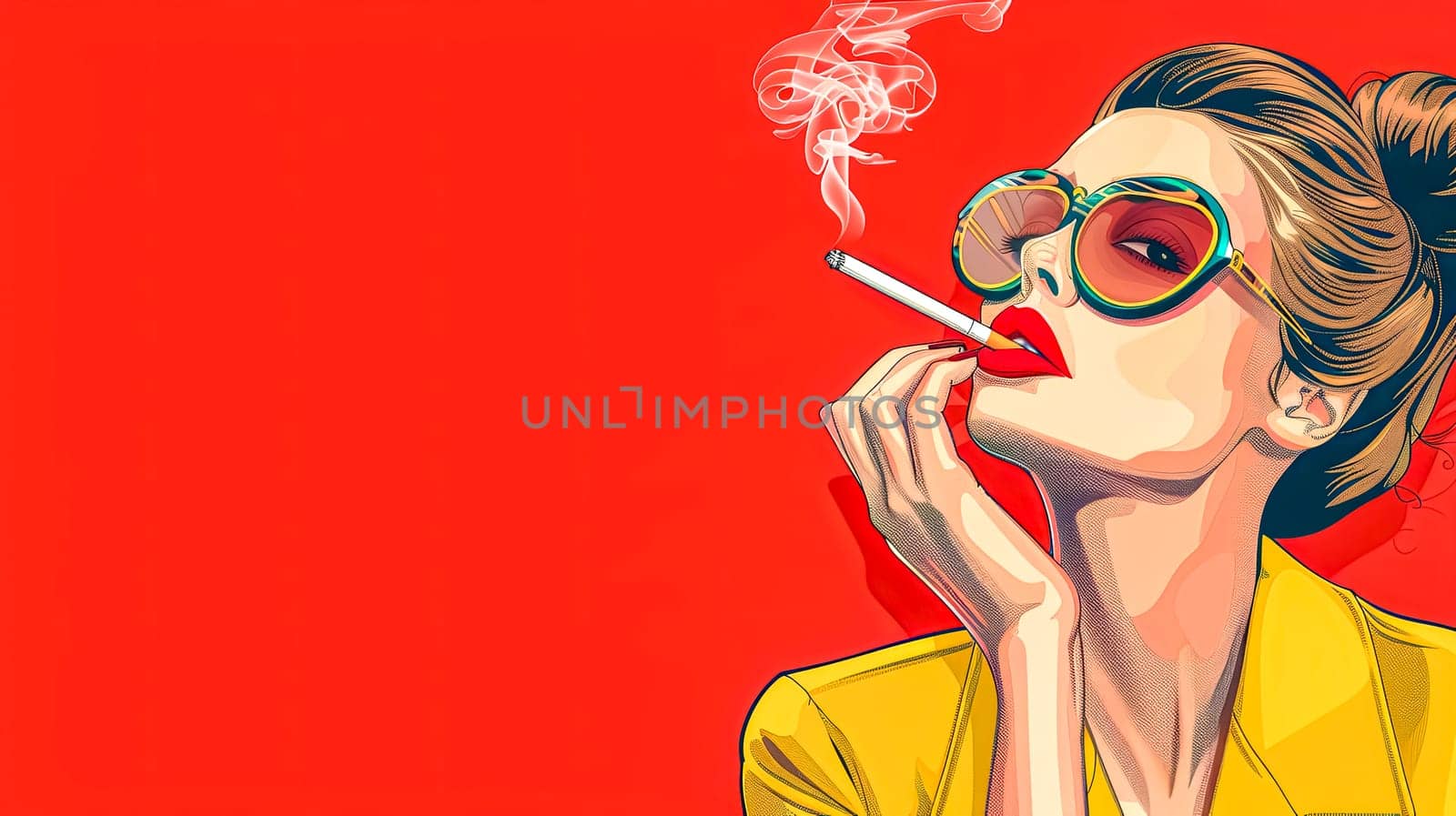 Retro Fashion Woman Smoking Against Red Background, copy space