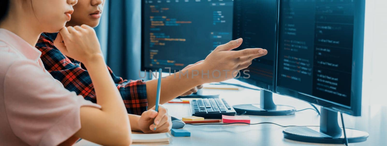 Female programer explain while pointing code displayed on computer. Burgeoning. by biancoblue