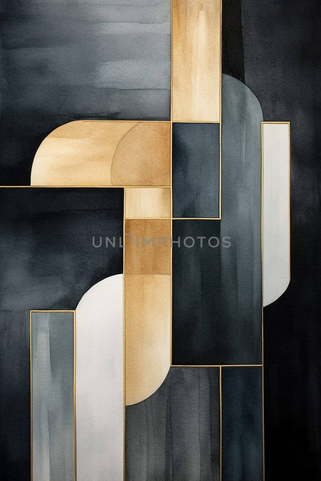 Sleek minimalist watercolor print in Nordic design. Abstract art. Muted colors. Perfect for modern interiors, contemporary spaces. Scandinavian style. Geometric shapes. Vertical format. Generative AI