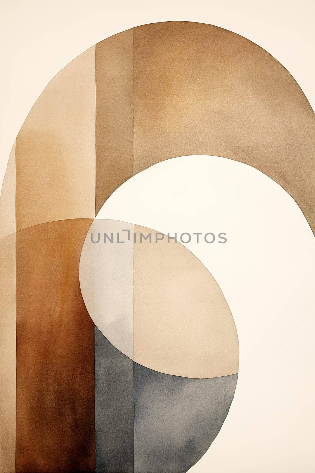 Sleek minimalist watercolor print in Nordic design. Abstract art. Muted colors. Perfect for modern interiors, contemporary spaces. Scandinavian style. Geometric shapes. Vertical format. Generative AI