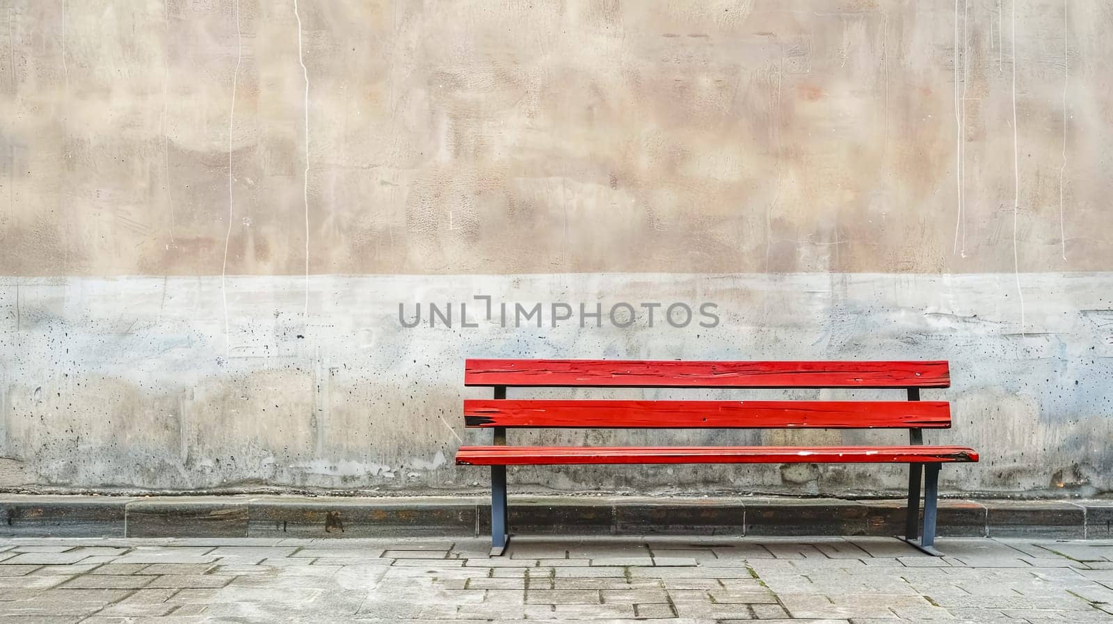 Vibrant Red Bench Against Weathered Concrete Wall, copy space