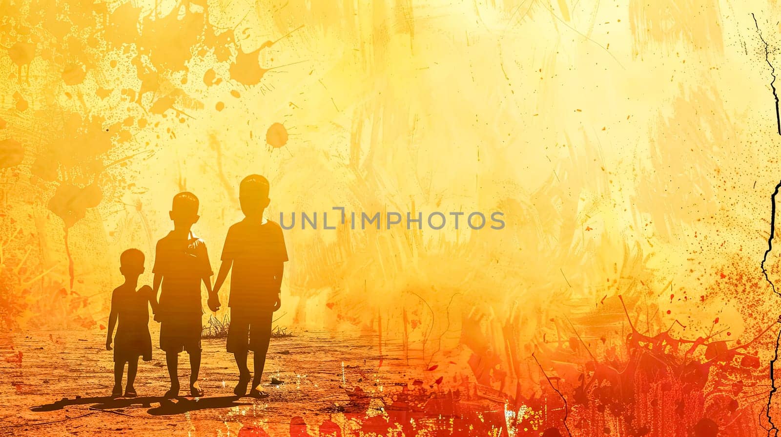 Silhouette Family Walk on Abstract Orange Background, children, friends, siblings, copy space.