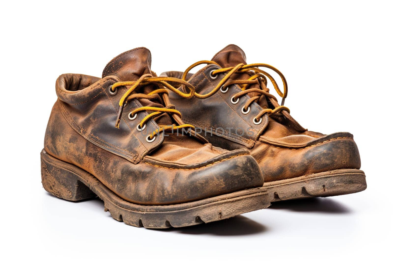 Old worn leather men's shoes on a white background. Generated by artificial intelligence by Vovmar