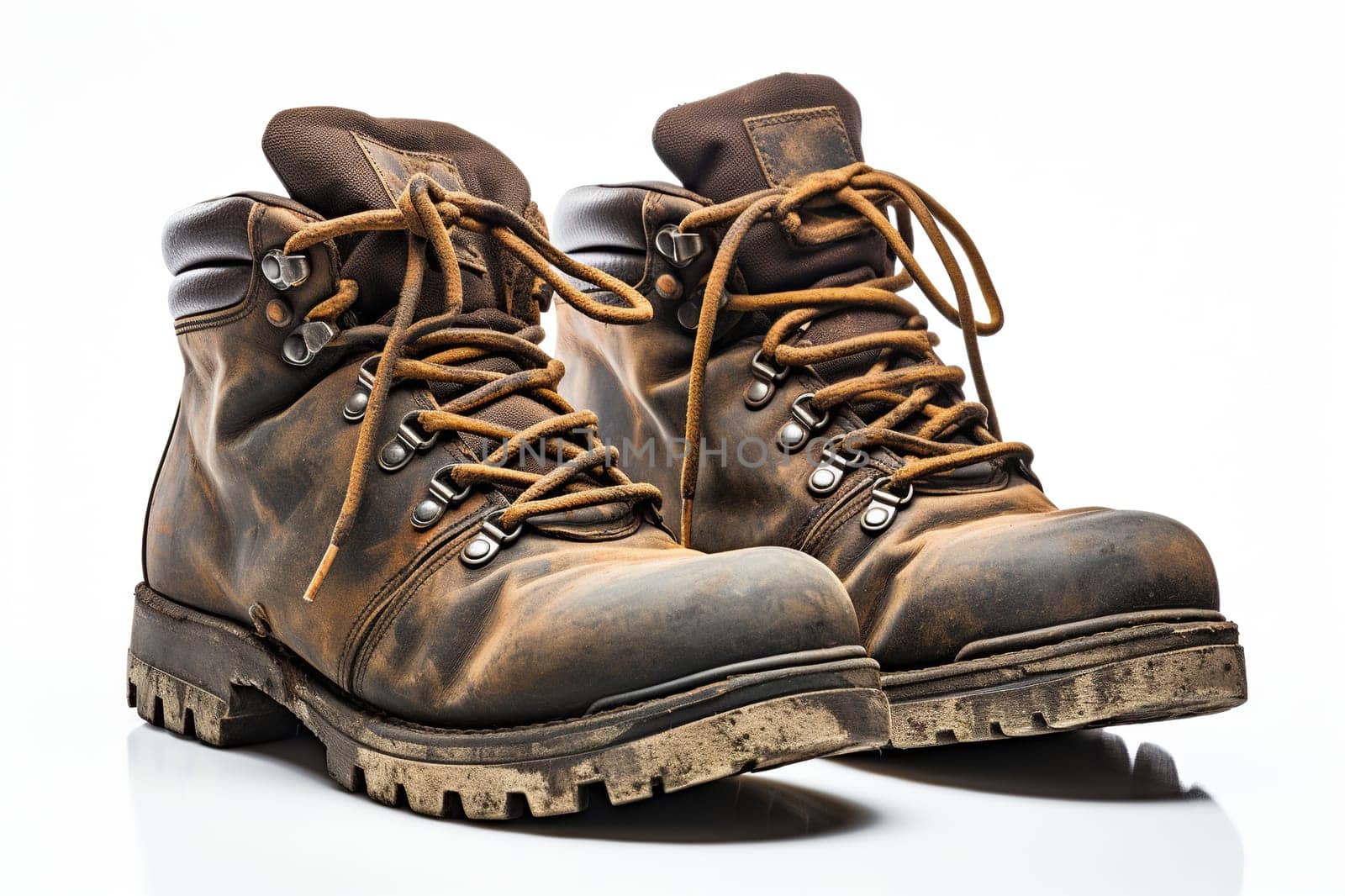 Old worn military boots on a white background. Generated by artificial intelligence by Vovmar