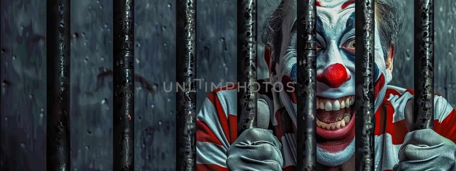 Creepy Clown Behind Rainy Jail Bars, banner