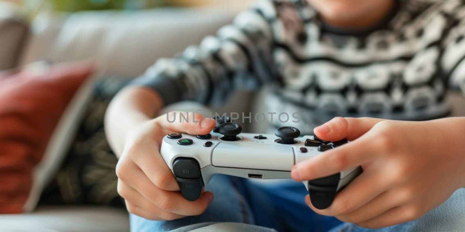 Close up view of boy sitting on sofa with gamepad and playing video games. Child having fun at home. Concept of gaming by papatonic