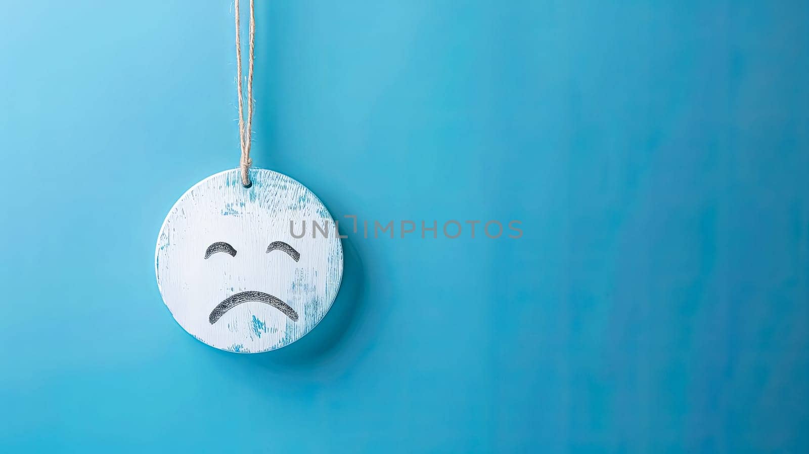 Sad Face Expression on Hanging Round Wooden Sign Against Blue Background, copy space
