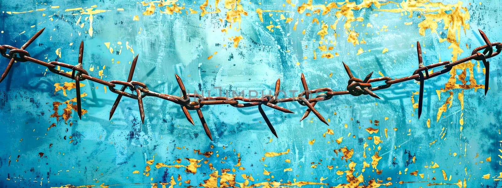 Rusty Barbed Wire on Blue Textured Background with Yellow Paint Splatter by Edophoto