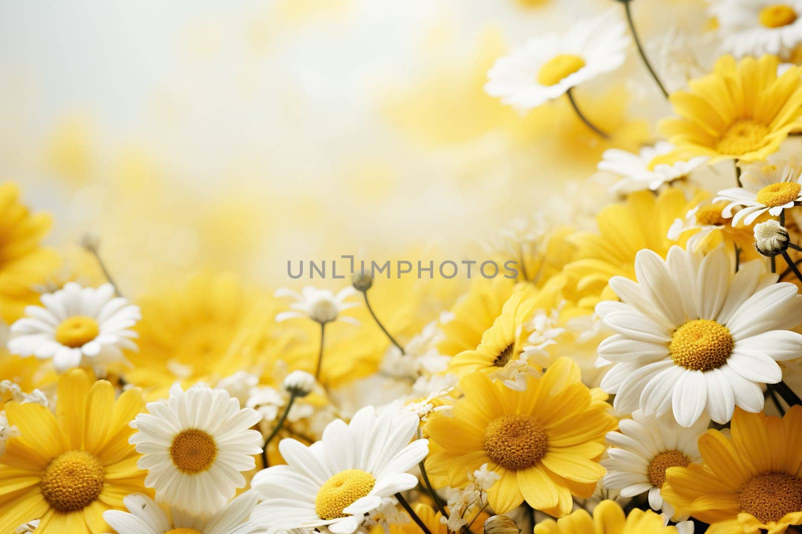 Horizontal background with white and yellow daisies and space for text.