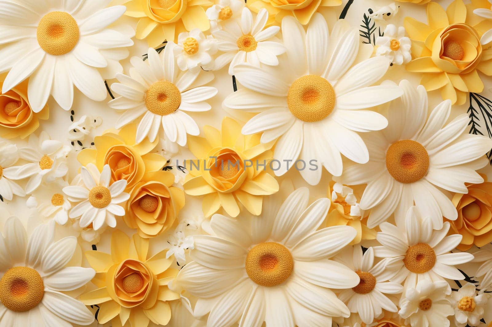 Background of white and yellow daisies cut out of paper. Generated by artificial intelligence by Vovmar