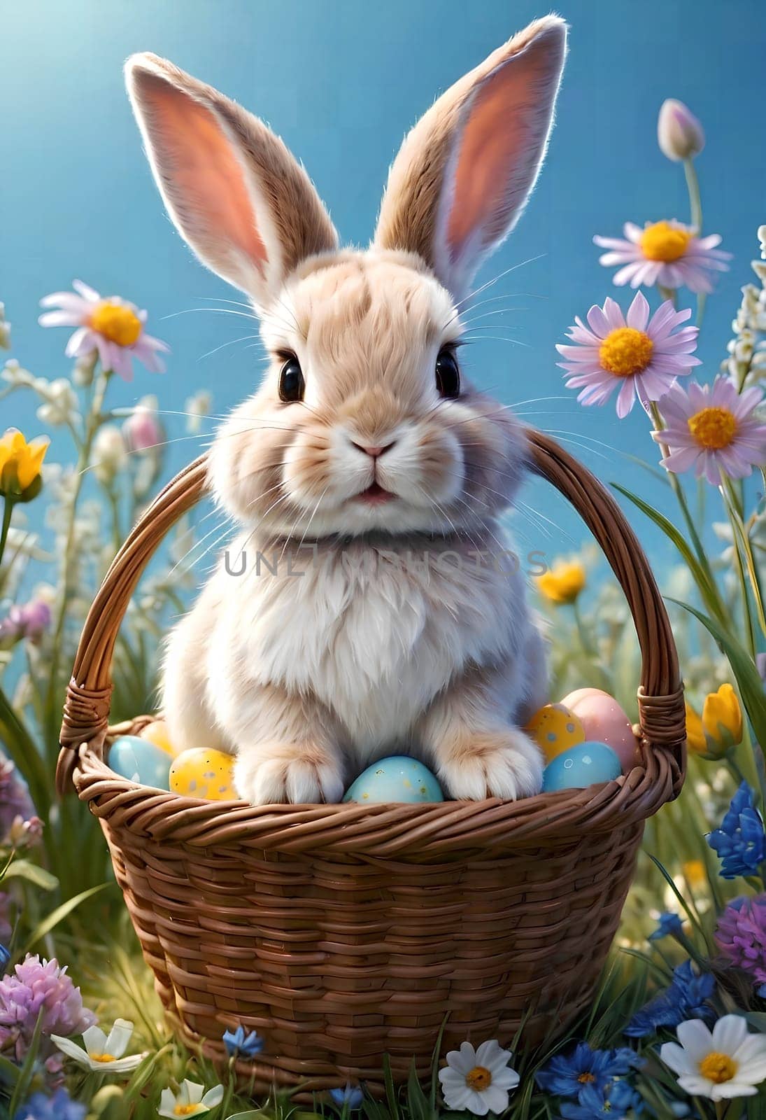 White bunny with Easter eggs in nature. AI generated image.