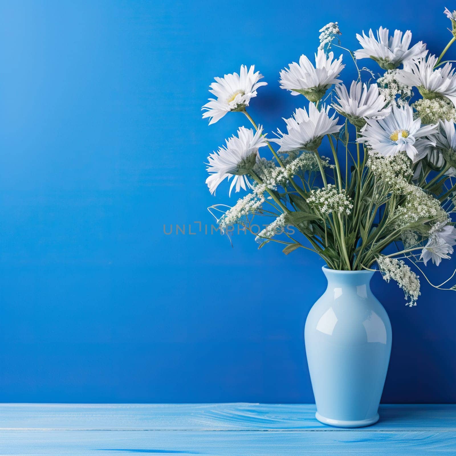 White daisies in a blue vase on a blue background. Generated by artificial intelligence by Vovmar