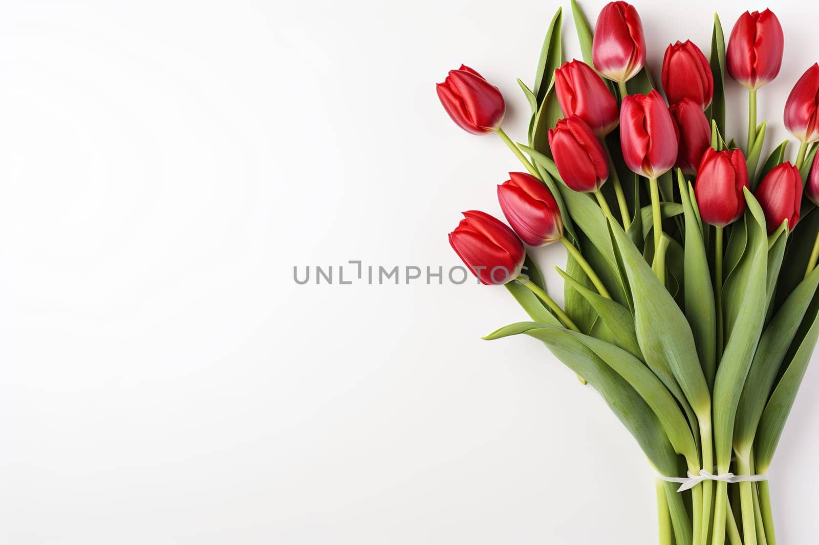 Bouquet of beautiful red tulips on a white background with space for text. Mother's Day, March 8, birthday. Generated by artificial intelligence by Vovmar