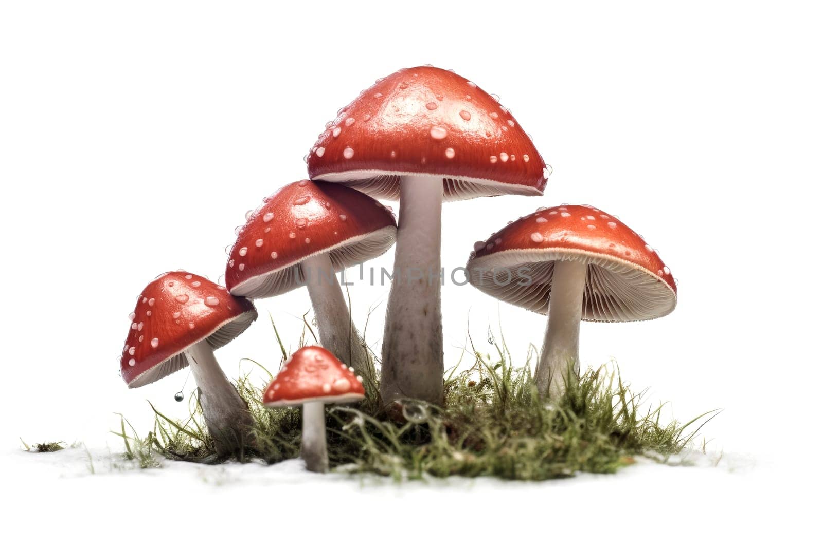 Cluster of red spotted mushrooms on a white background with green moss. Nature and fairy tale concept. Design for educational material about fungi. Isolated macro shot with a clear focus