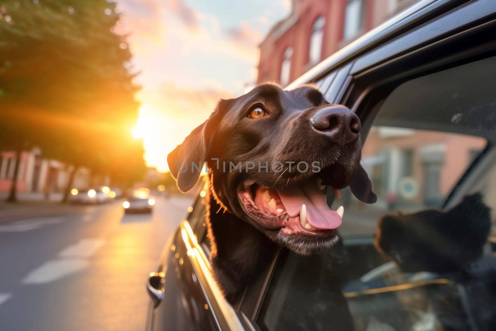 Dog enjoying car ride with head out of window during sunset by andreyz