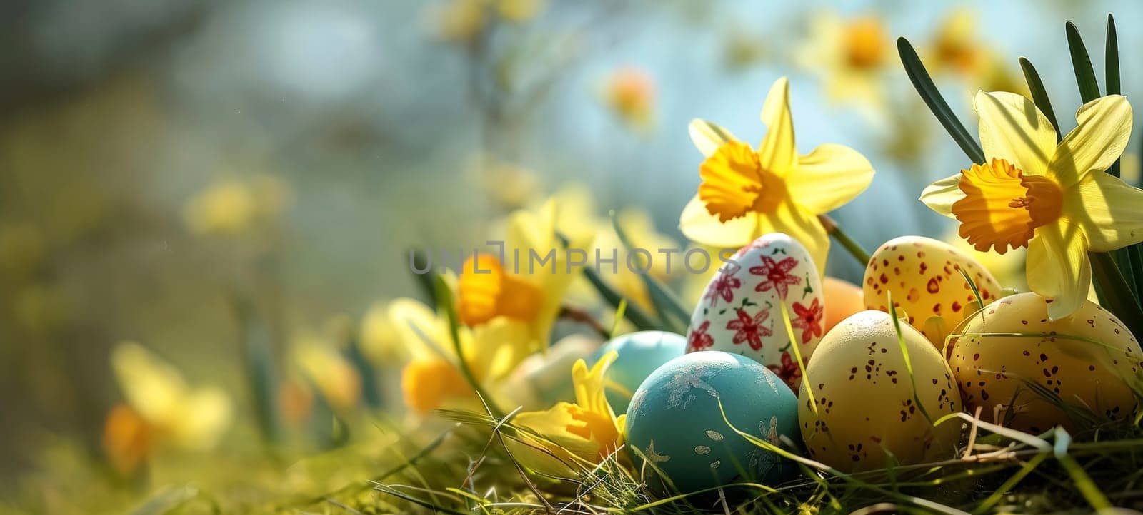 Easter Eggs and Daffodils in Morning Light by andreyz