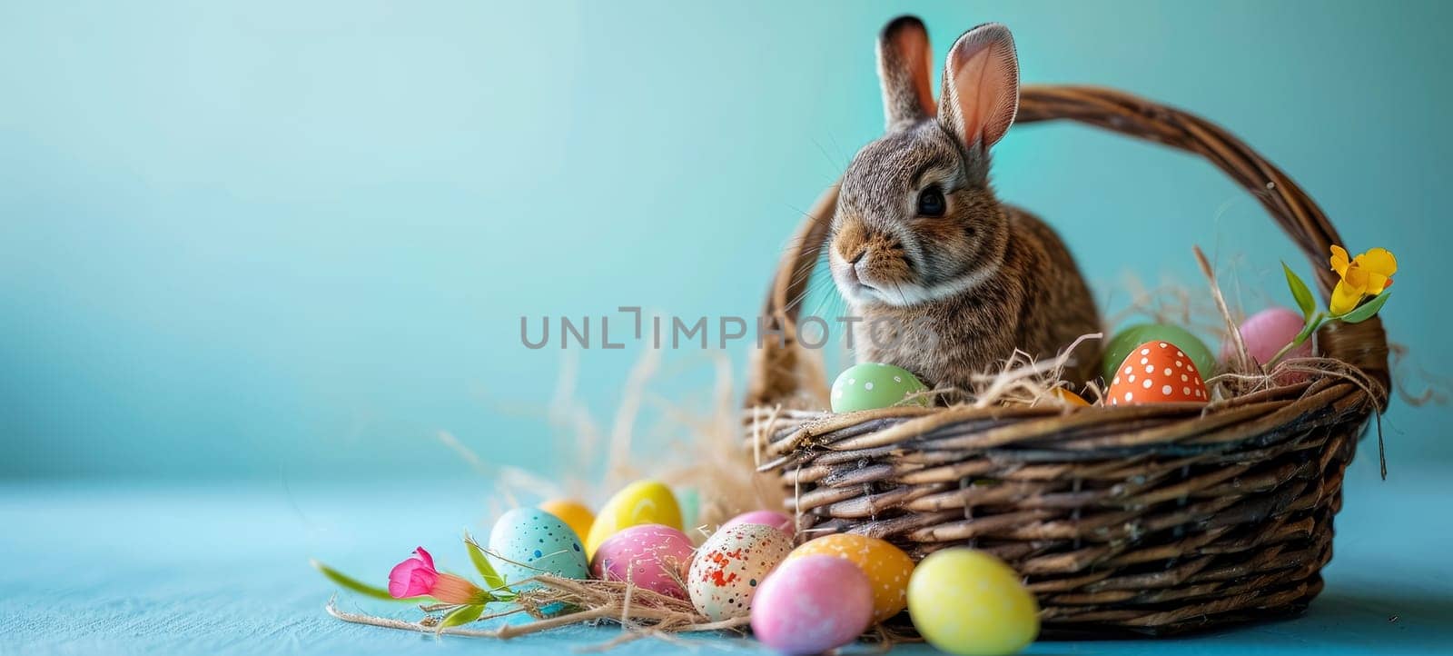 Rabbit in wicker basket with colored Easter eggs and flowers on blue background by andreyz