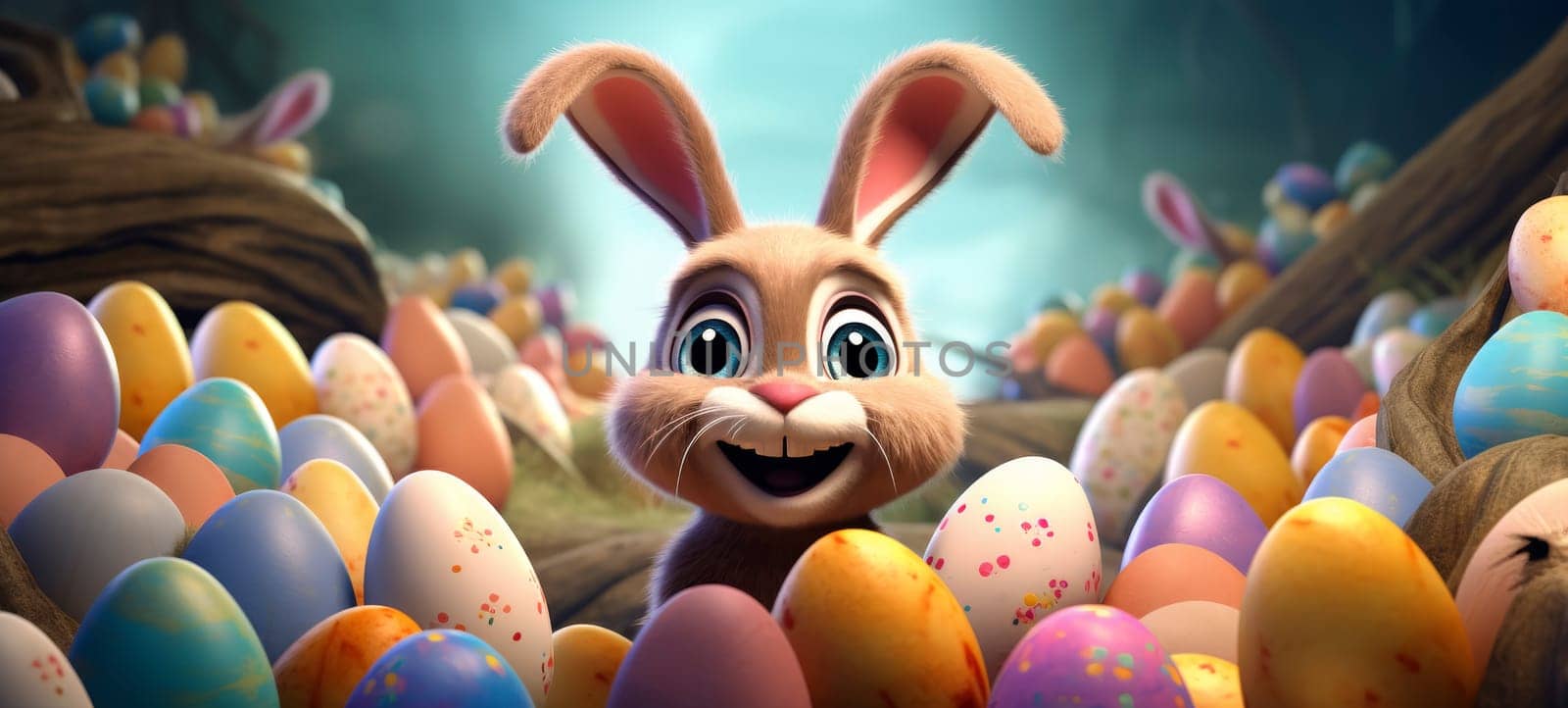 Animated rabbit peeking over log with colorful Easter eggs. Digital art illustration for Easter holiday and greeting card design