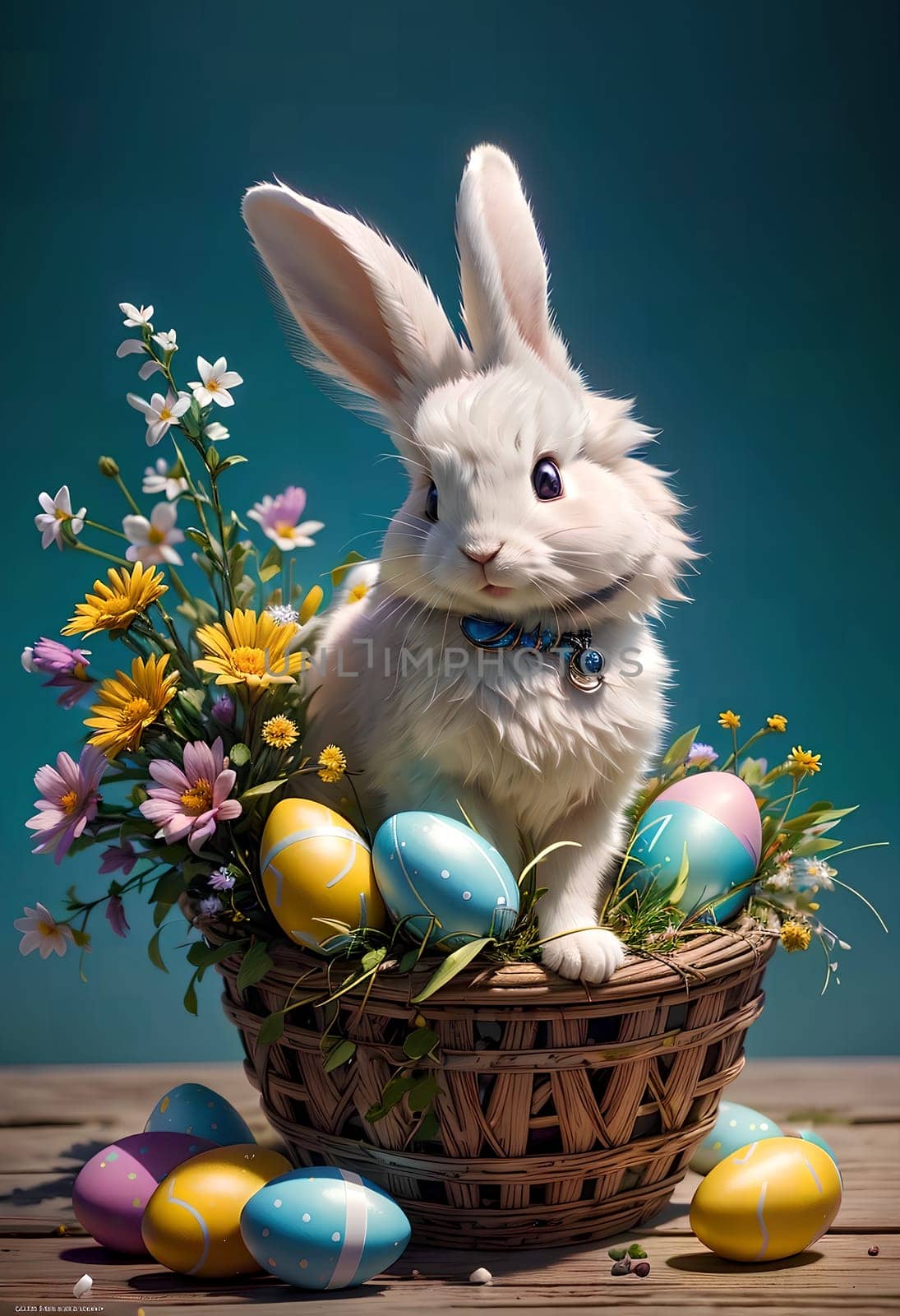 White bunny with Easter eggs in nature. AI generated image.