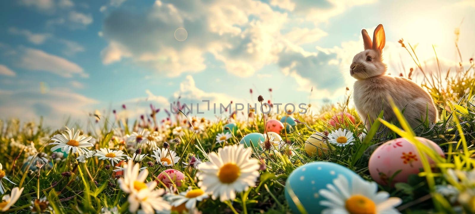 Rabbit among Easter eggs in a spring meadow with daisies. Outdoor holiday scene with copy space. Easter and springtime concept for design and print