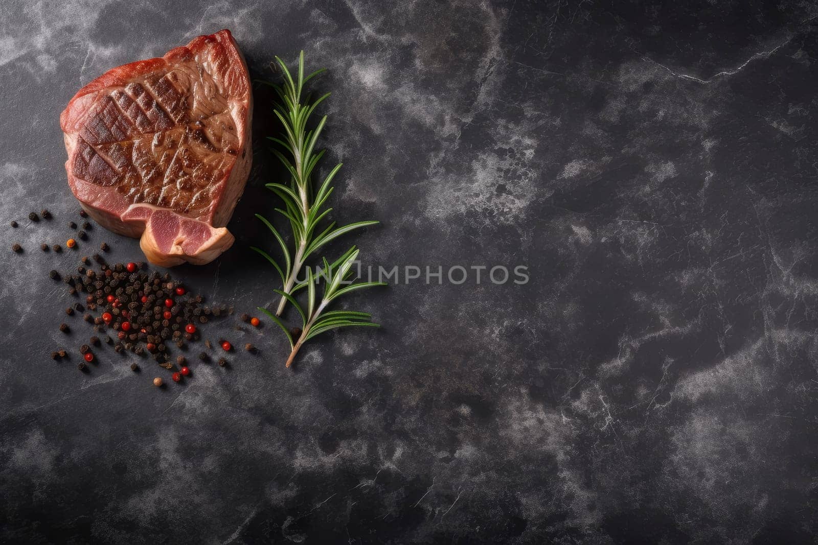 Raw steak with fresh rosemary and mixed peppercorns on dark marble background. Gourmet cooking and food preparation concept. High-quality ingredients photography with copy space