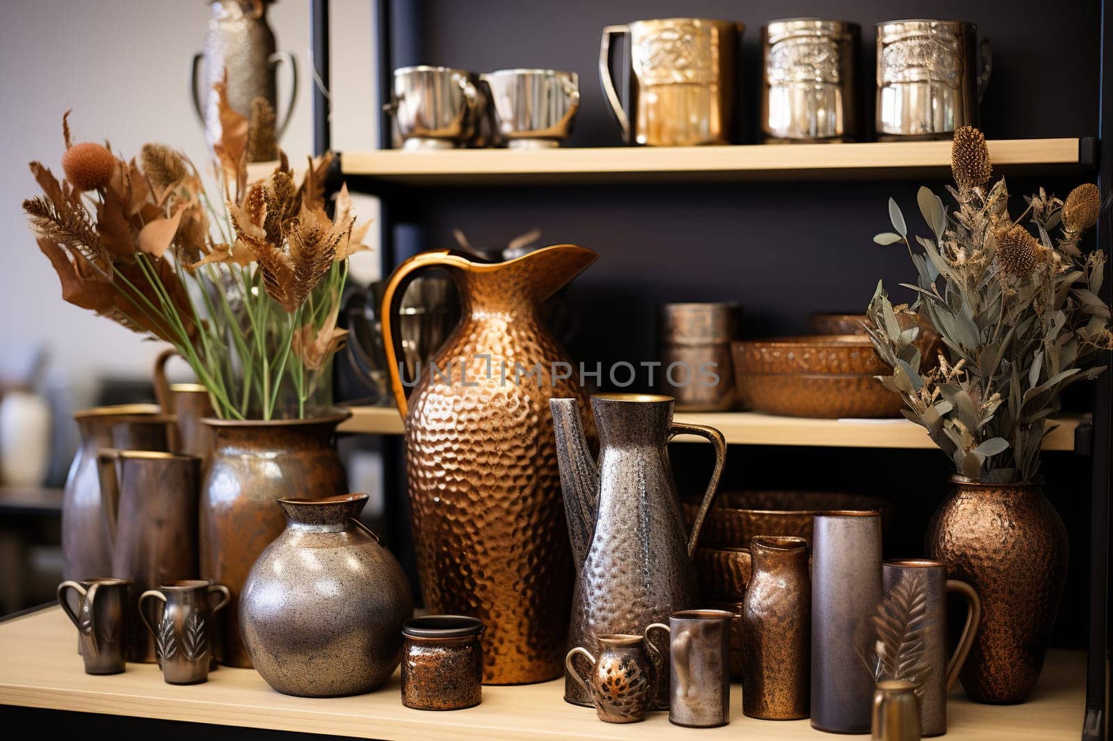 Various bronze jugs on shelves in a souvenir shop. Generative AI by Vovmar