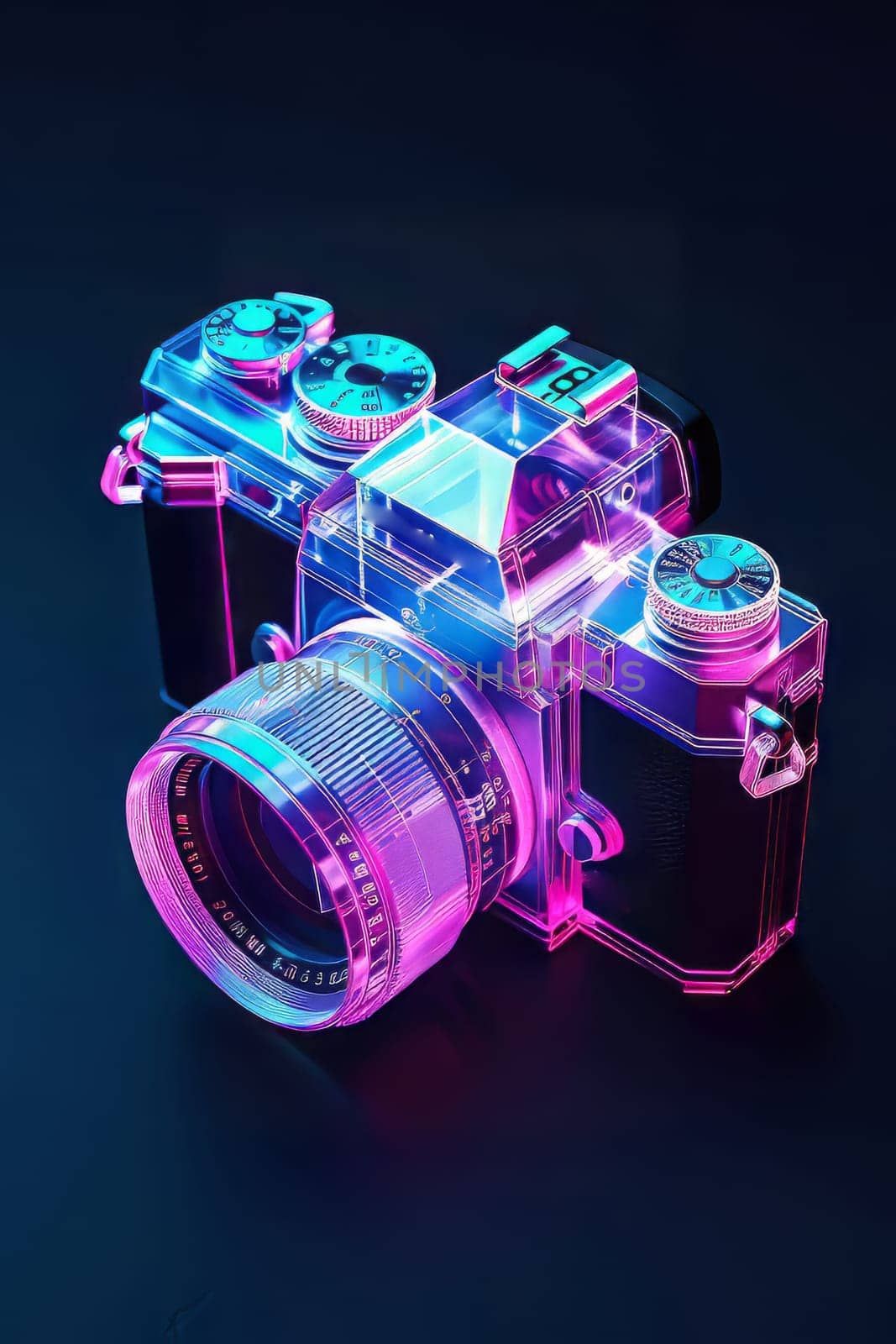 Futuristic neon-lit transparent analog camera in isometric view, blending vintage charm with modern aesthetics.