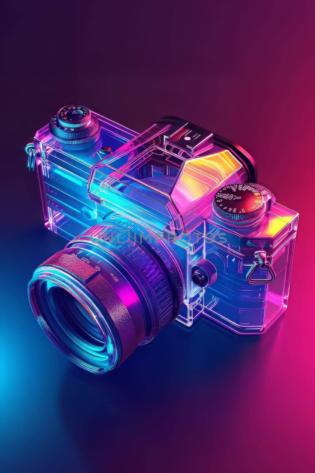 Futuristic neon-lit transparent analog camera in isometric view, blending vintage charm with modern aesthetics.