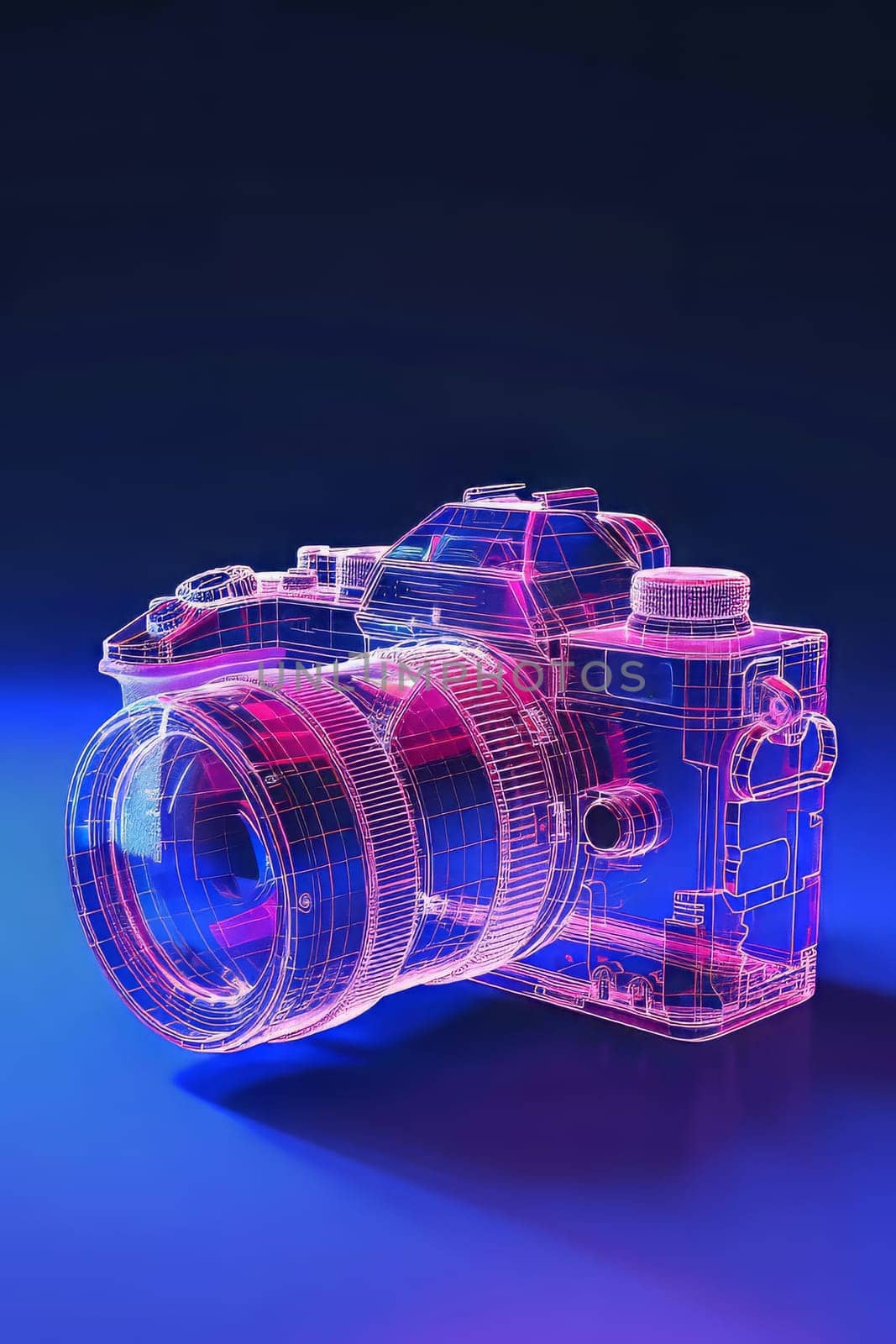 Futuristic neon-lit transparent analog camera in isometric view, blending vintage charm with modern aesthetics.