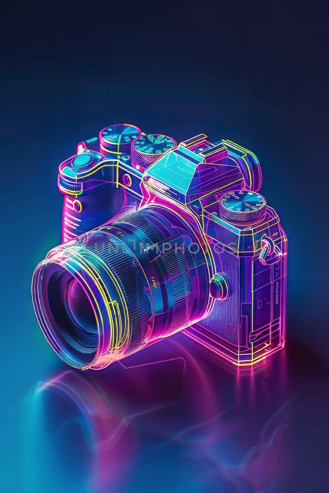 Futuristic neon-lit transparent analog camera in isometric view, blending vintage charm with modern aesthetics.