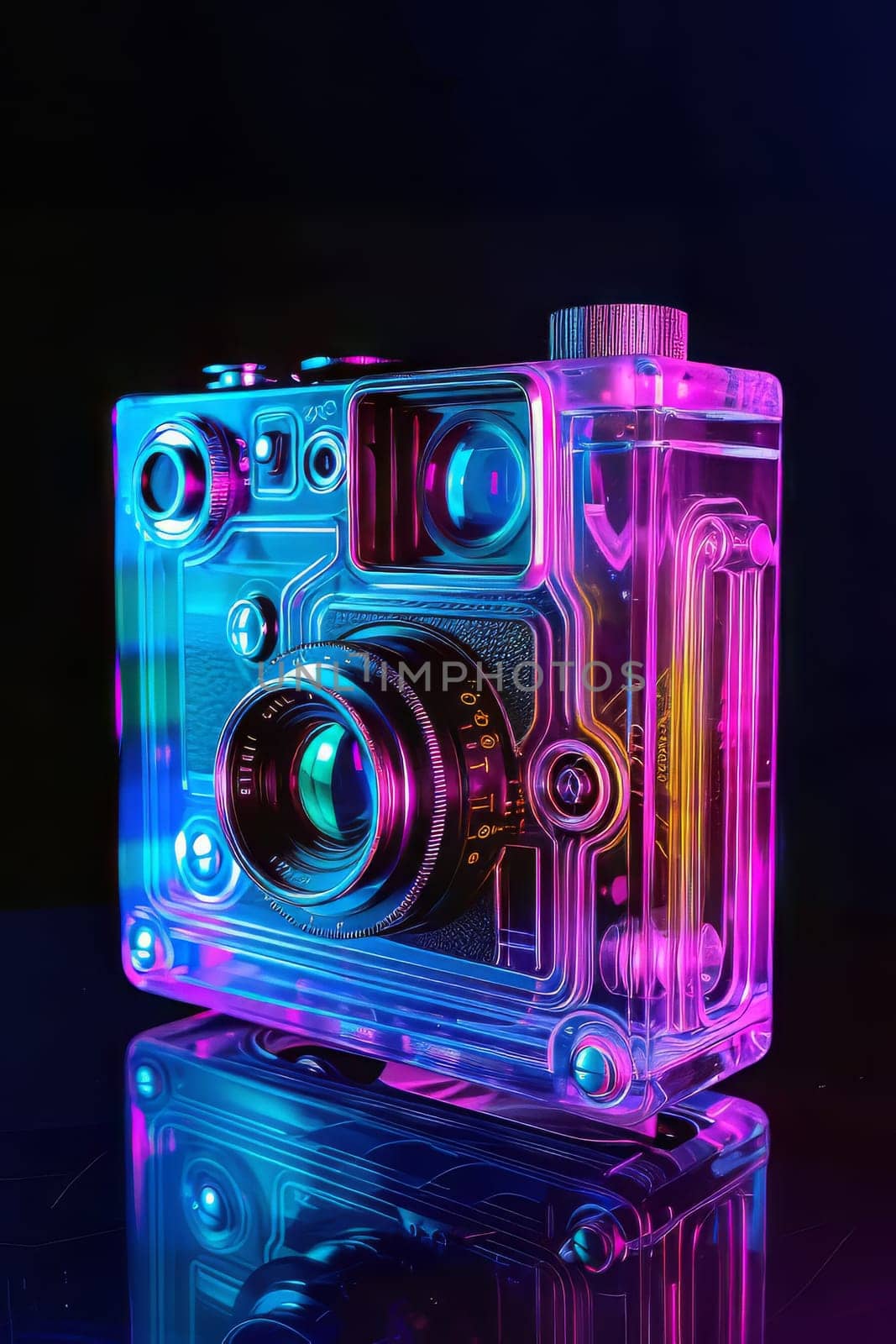 Futuristic neon-lit transparent analog camera in isometric view, blending vintage charm with modern aesthetics.