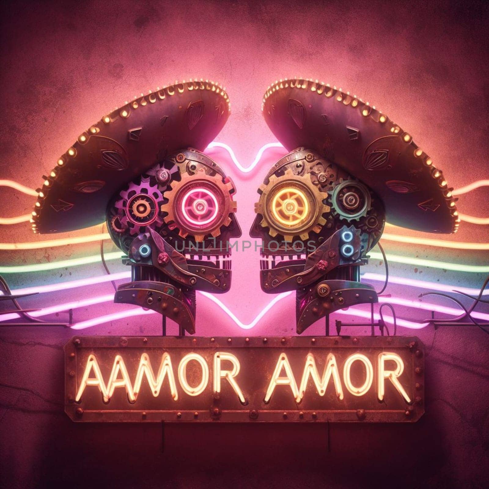steampunk cowboy mariachi skull in love neon sign amor valentines concept rusty background by verbano