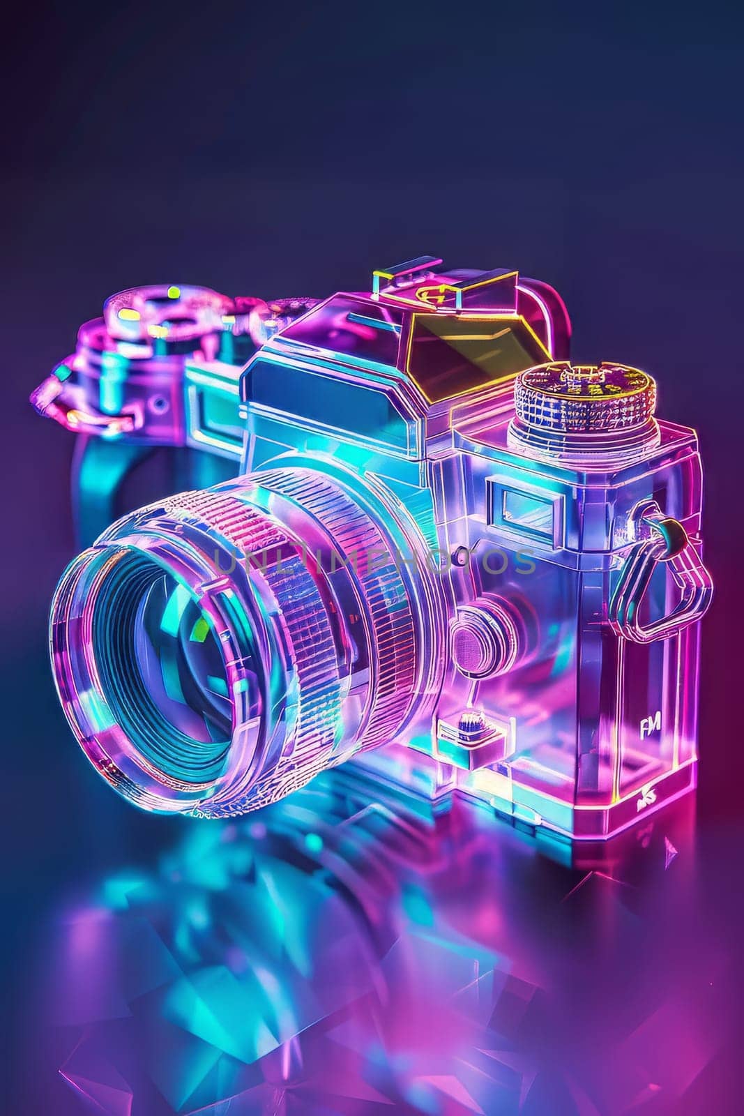 Futuristic neon-lit transparent analog camera in isometric view, blending vintage charm with modern aesthetics.