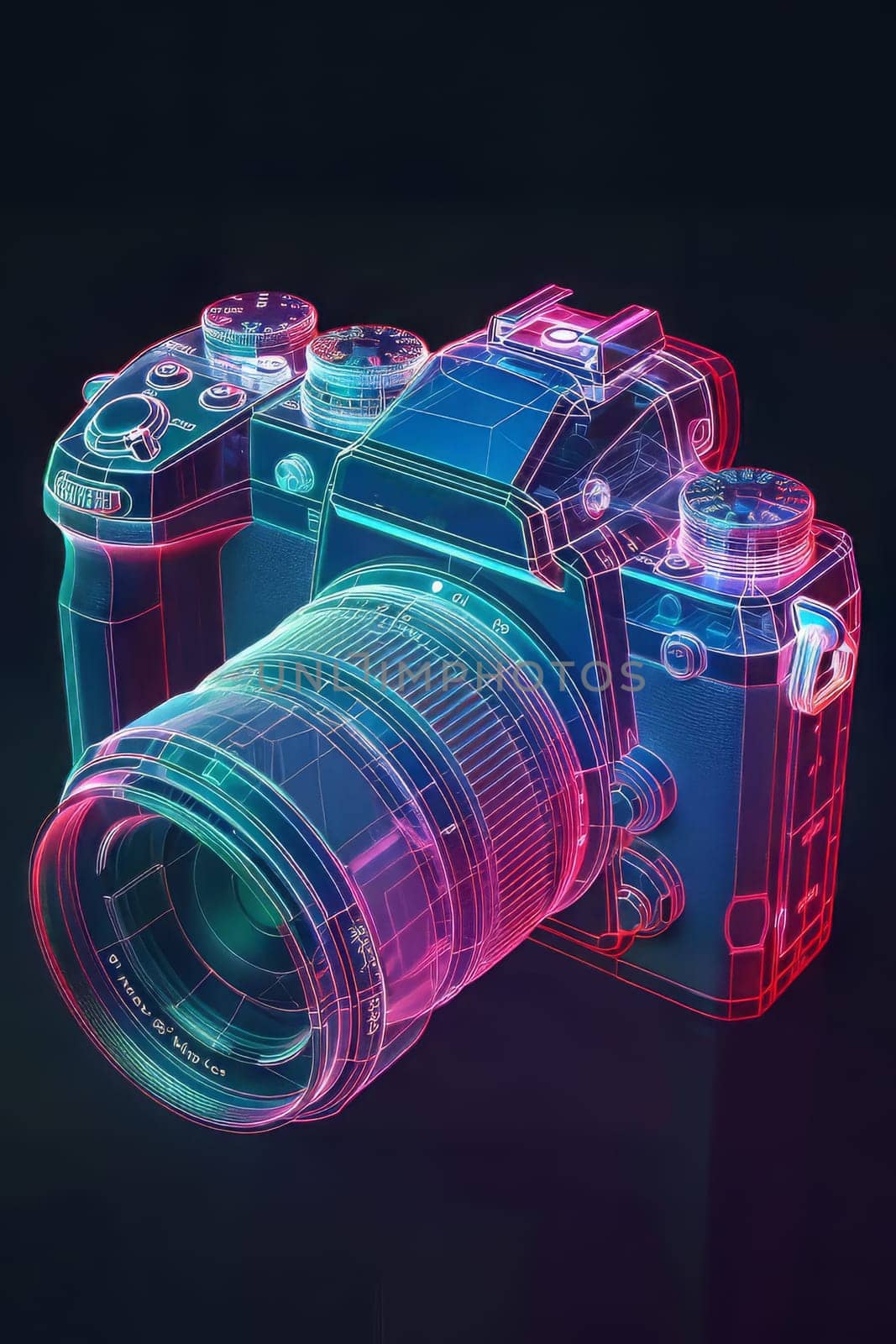 Futuristic neon-lit transparent analog camera in isometric view, blending vintage charm with modern aesthetics.