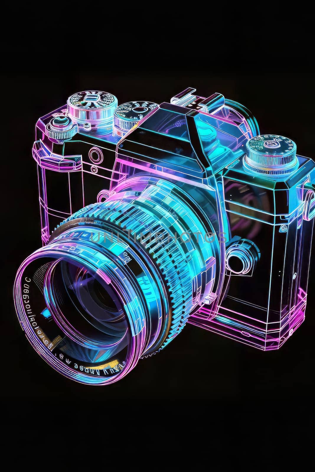 Futuristic neon-lit transparent analog camera in isometric view, blending vintage charm with modern aesthetics.