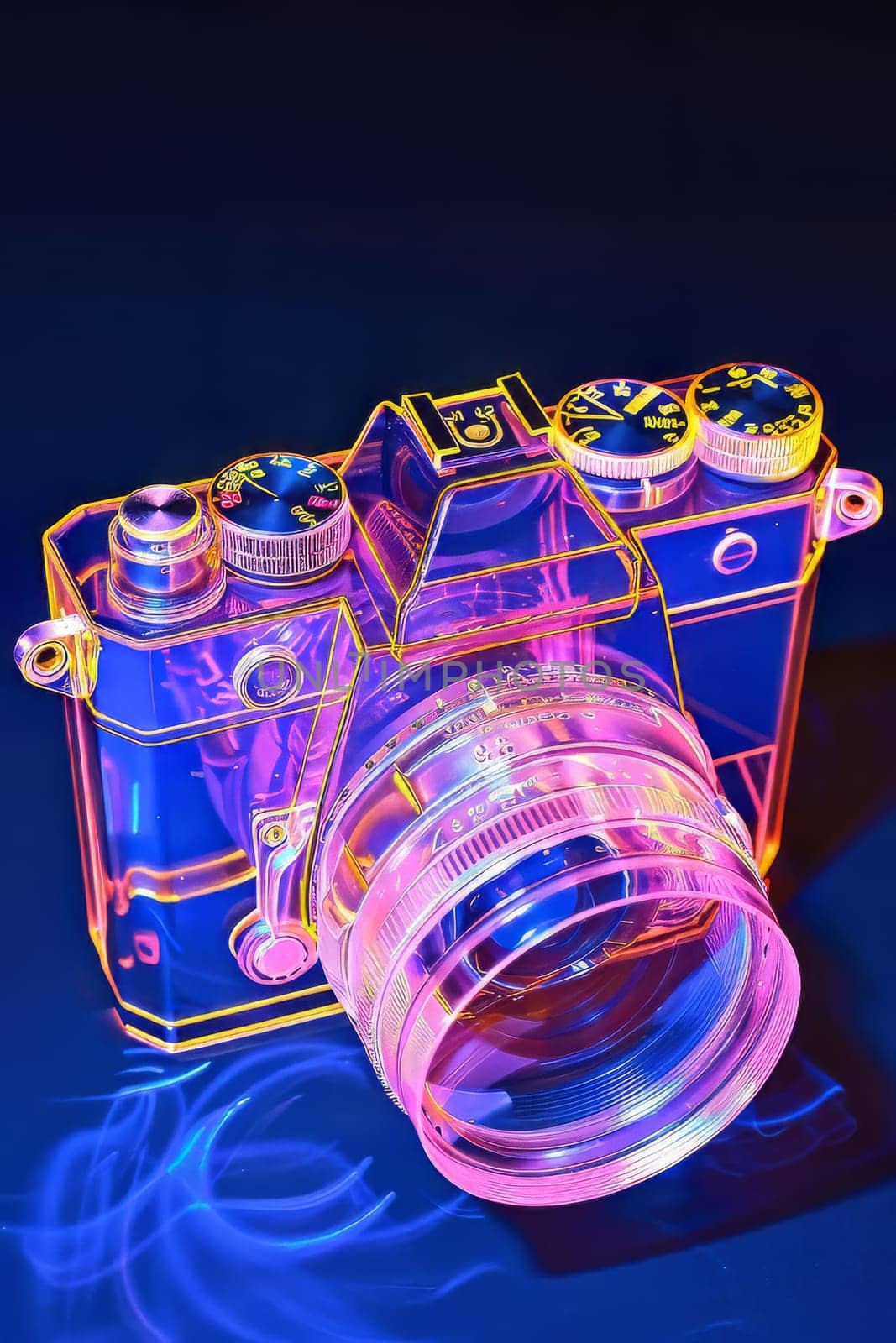 Futuristic neon-lit transparent analog camera in isometric view, blending vintage charm with modern aesthetics.