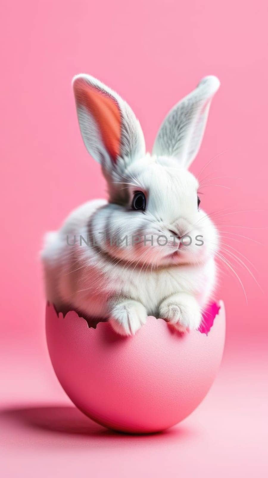 Happy Easter banner with cute Easter bunny hatching from pink Easter egg on pastel pink background. Illustration of Easter rabbit sitting in cracked eggshell. Happy Easter greeting card. Copy space. by Angelsmoon