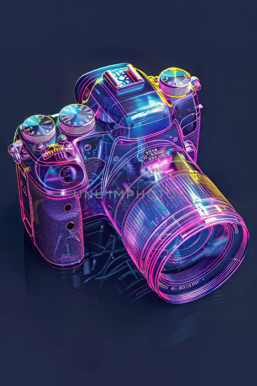 Futuristic neon-lit transparent analog camera in isometric view, blending vintage charm with modern aesthetics.