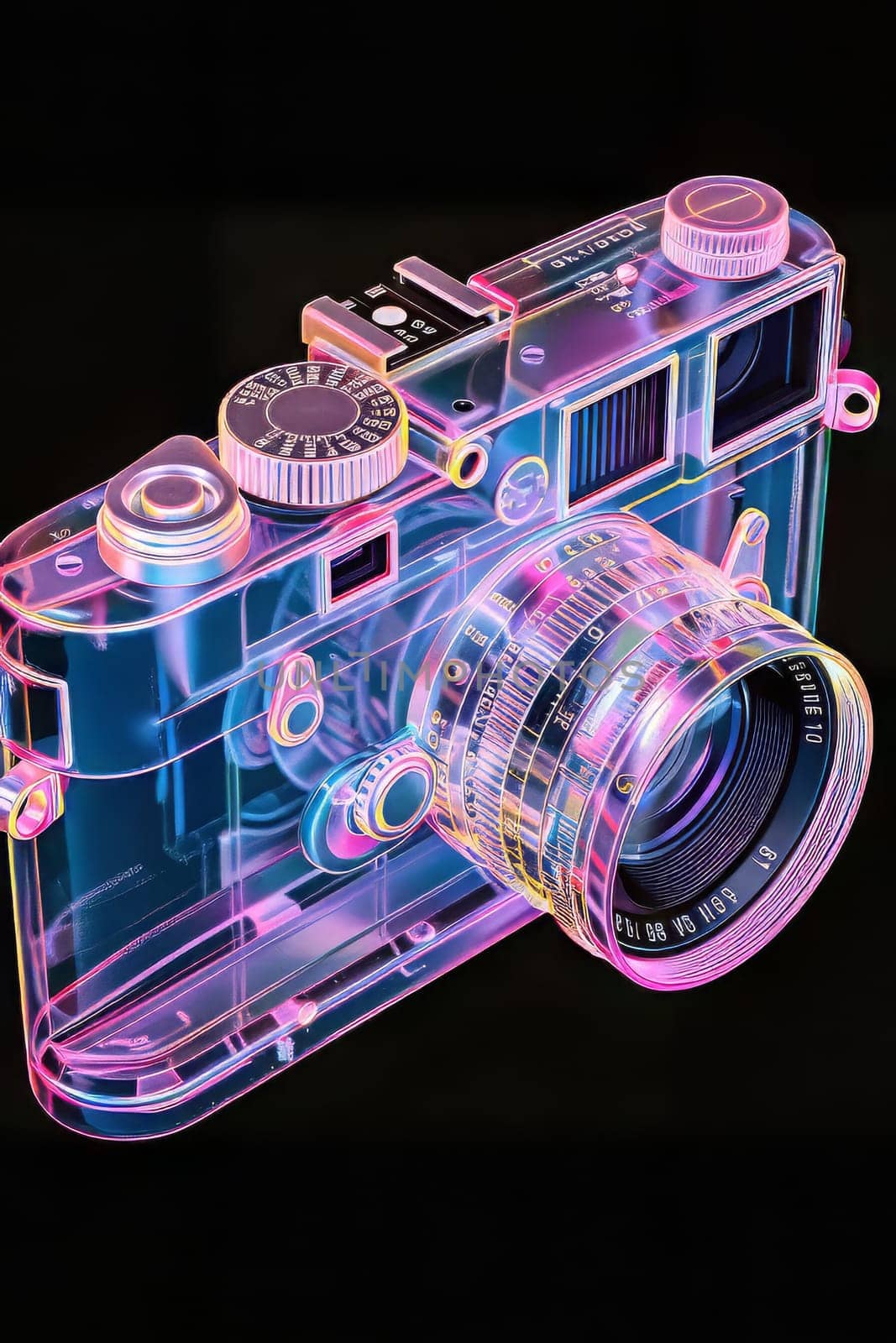 Futuristic neon-lit transparent analog camera in isometric view, blending vintage charm with modern aesthetics.